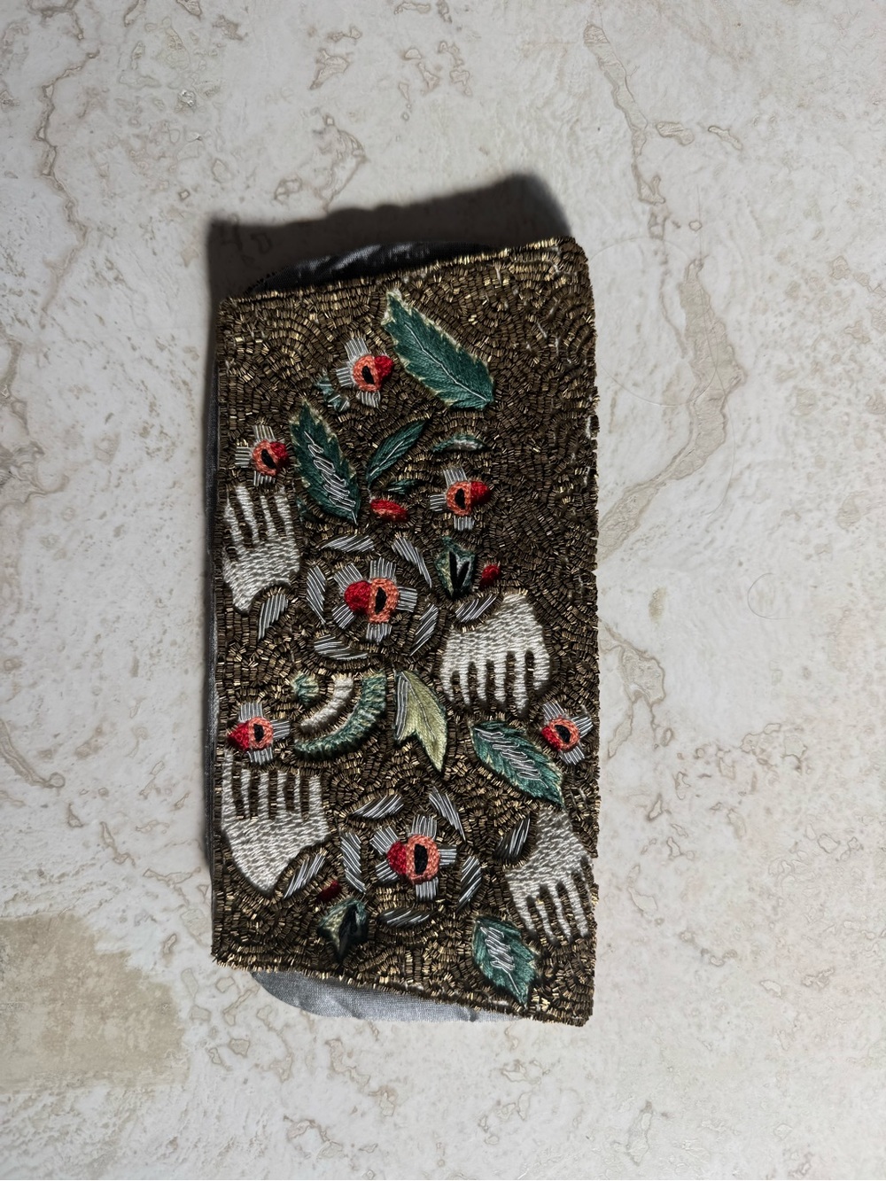 Beaded Floral Evening Clutch Panel in Metallic Bronze and Green